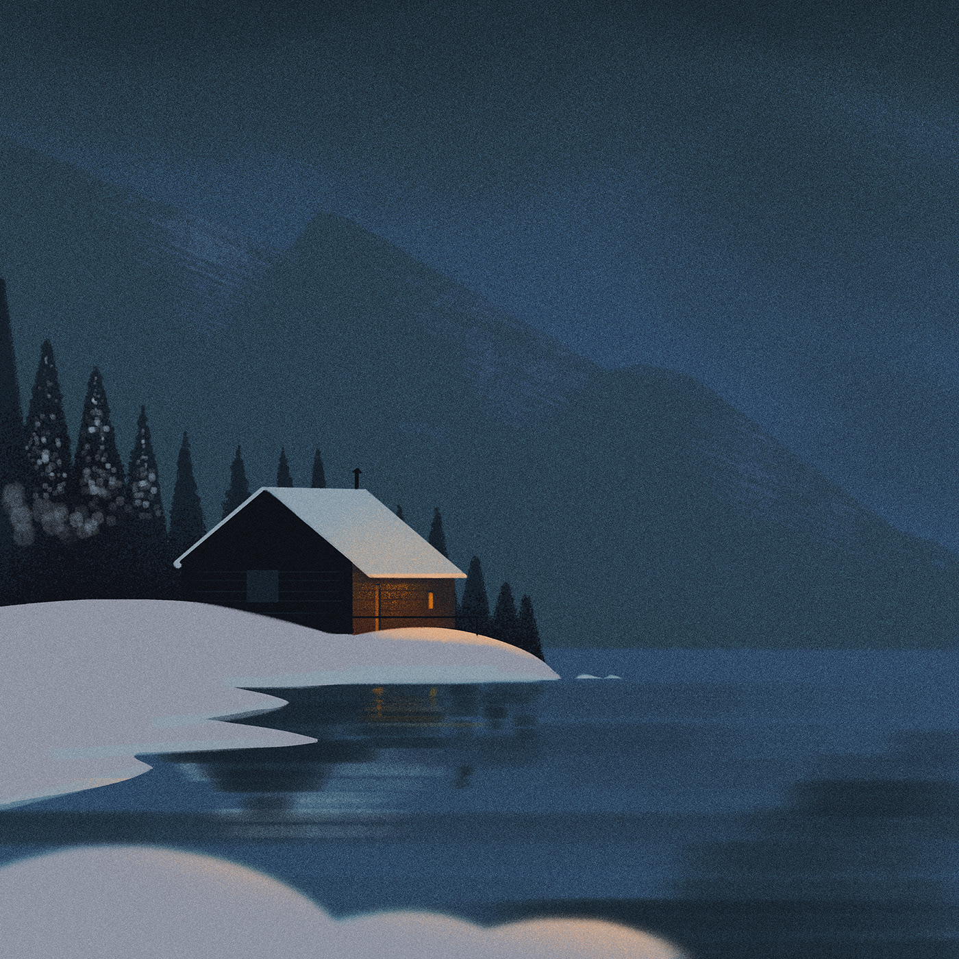 cabin Digital Art  ILLUSTRATION  lake Landscape photoshop snow texture winter