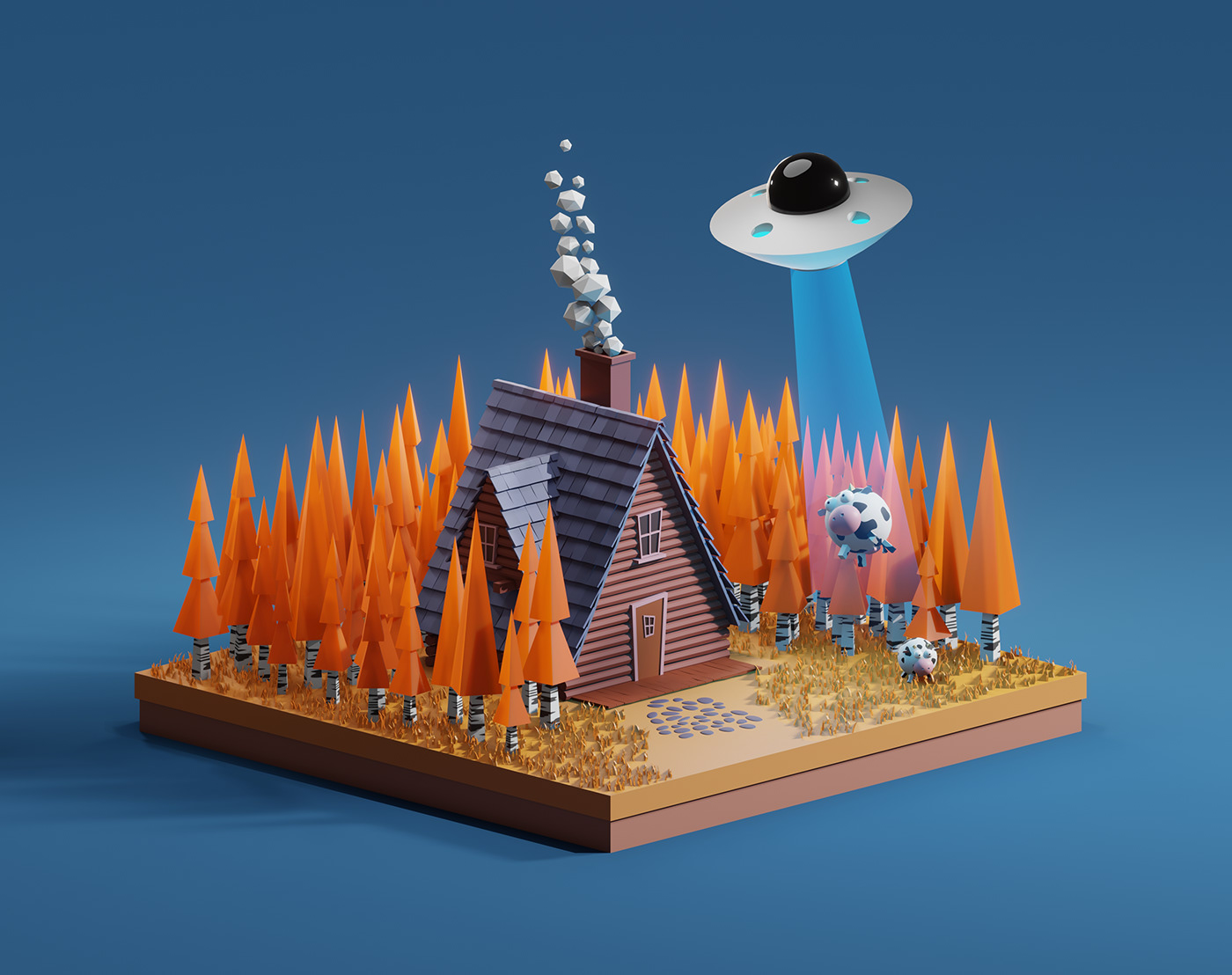 3D blender cow forest house Isometric modeling Render UFO art