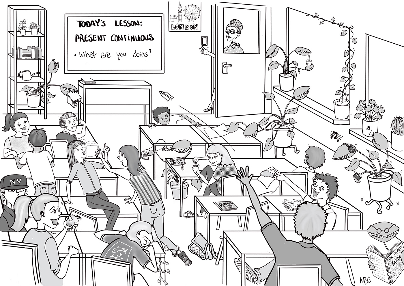 cartoon lijntekening zwartwit ontwerp van personages educatie in opdracht