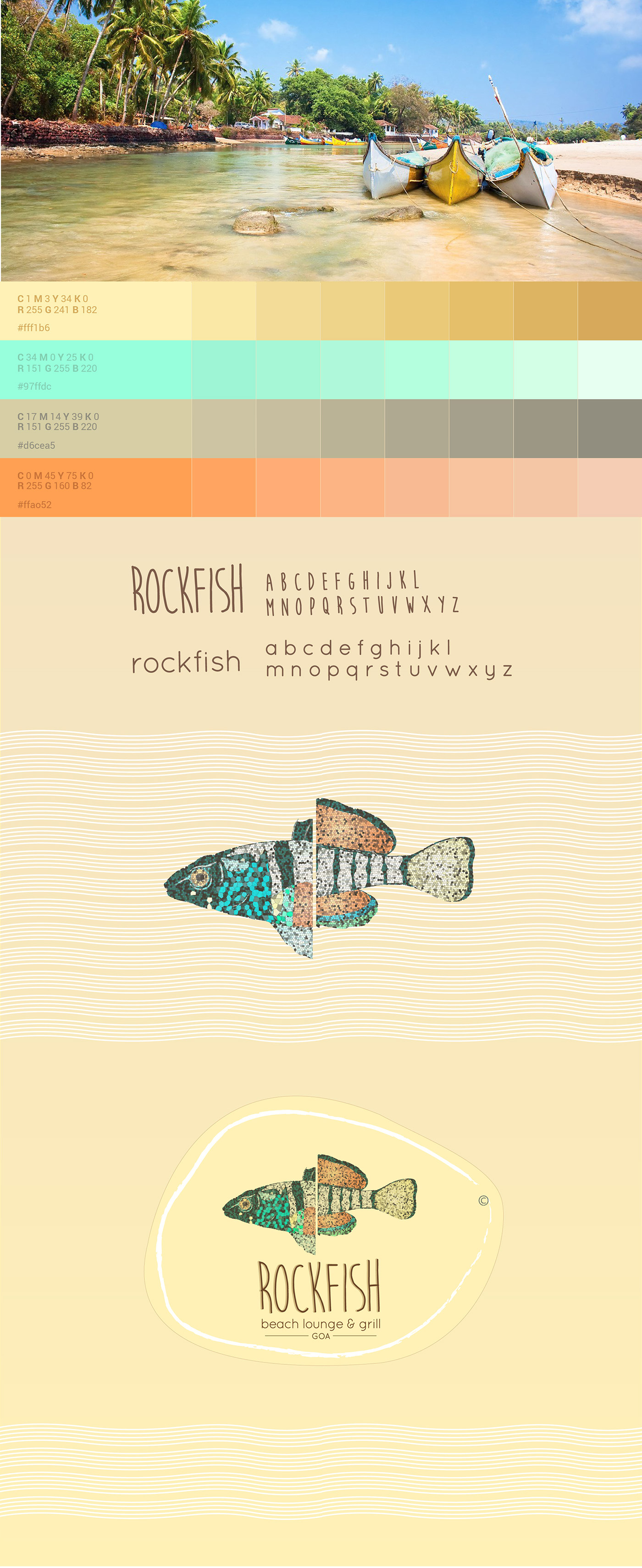 Goa India mediterranean beach lounge restaurant fish mosaic sea logo identity Food  seafood