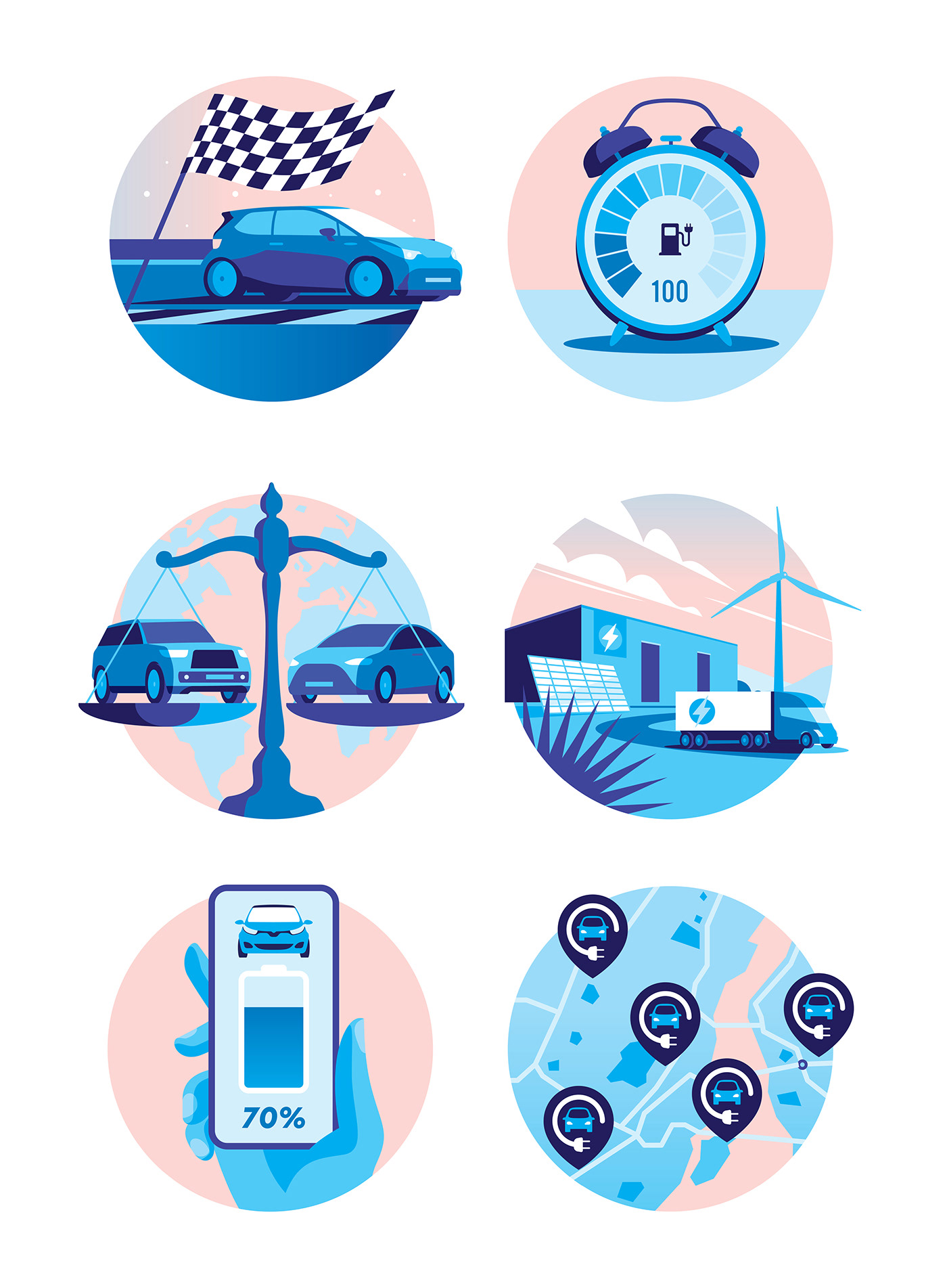 A series of six spot illustrations, centred around the theme of electric vehicle myths.

