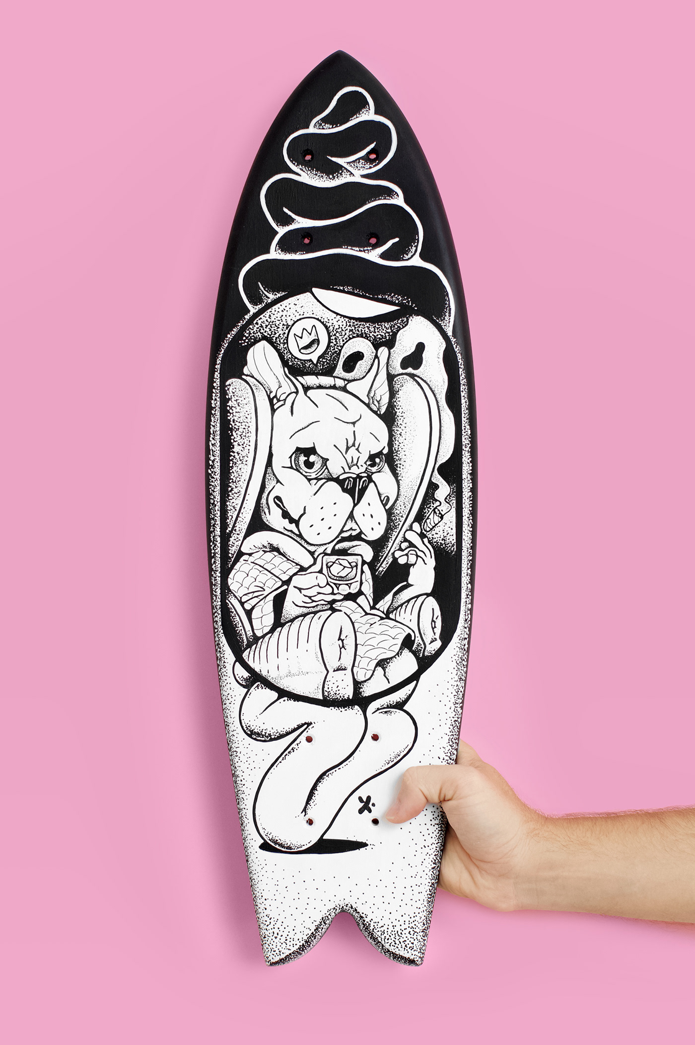 black & white Collaboration illustrated skateboard streetart Whisky woodart woodmade xave