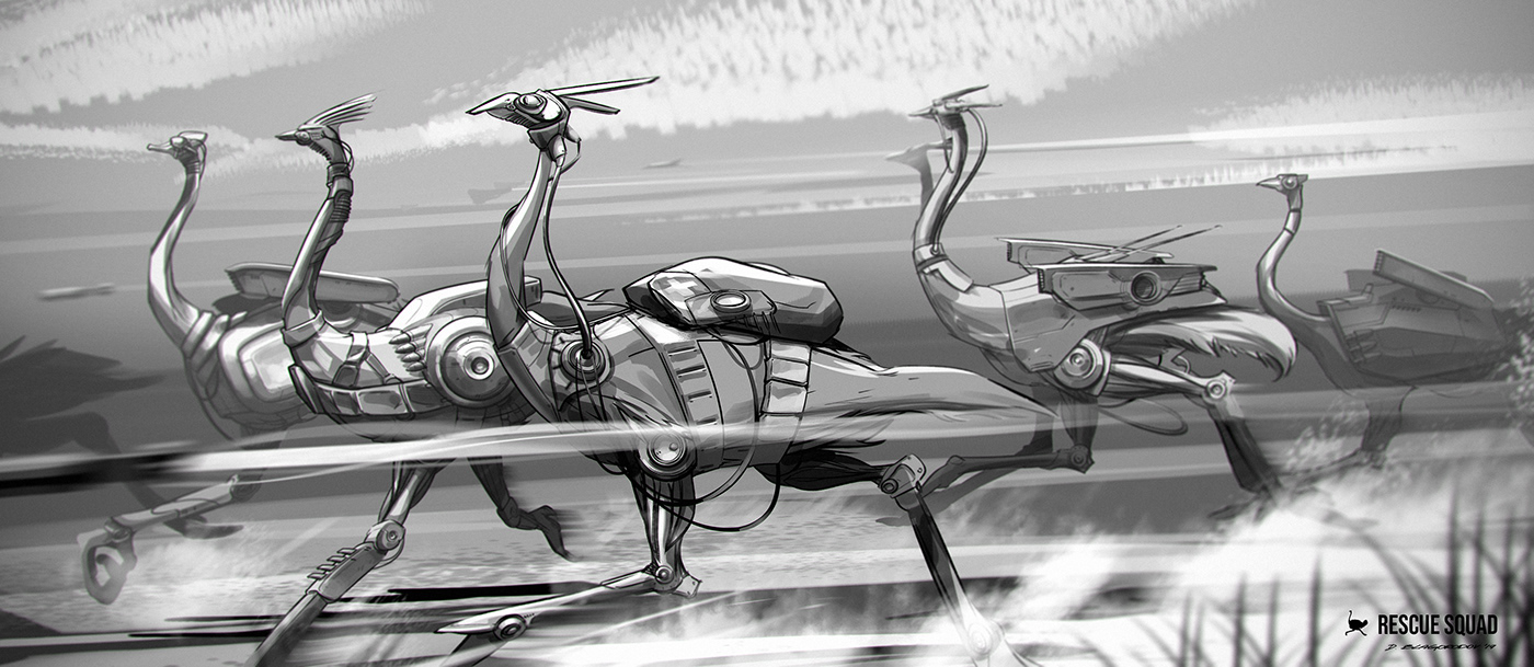 battlebirds birdsofwar rescuesquad Ostriches lineart conceptart Conceptdesign Cyberpunk bwgraphics Sciencefiction