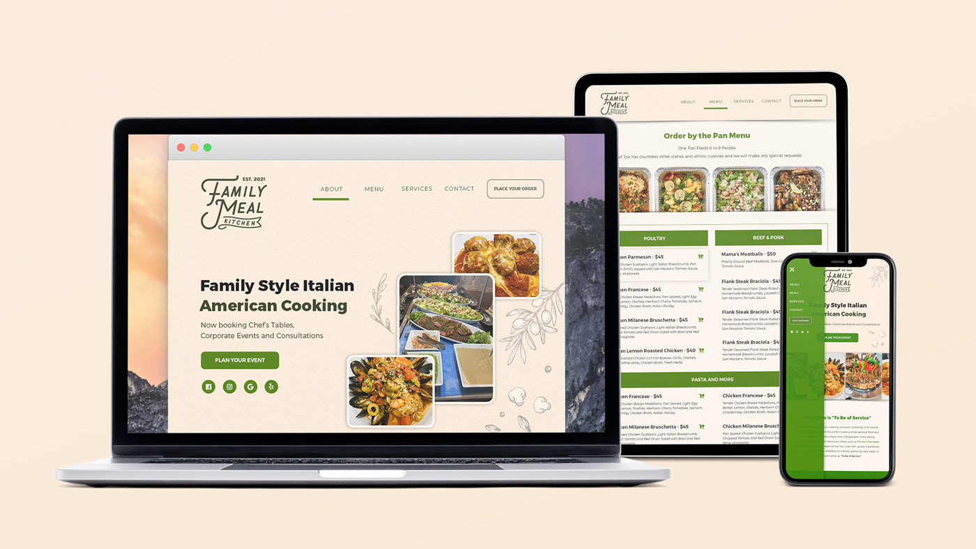 Branding Identity business card Catering services Food  landing page Logo Design visual identity Web Design  web development  Website Design