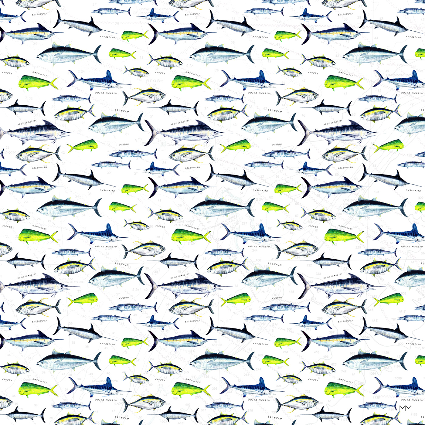 Ocean fish repeat pattern featuring tunas, marlins, mahi, wahoo + swordfish.
