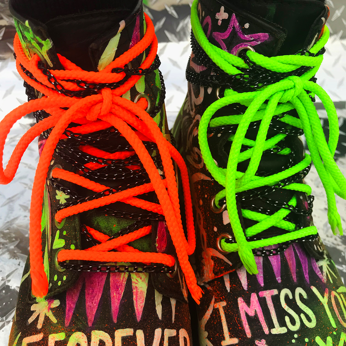 HAND LETTERING textile design  surface design shoes Hand Painted boots goth neon apparel Fashion 