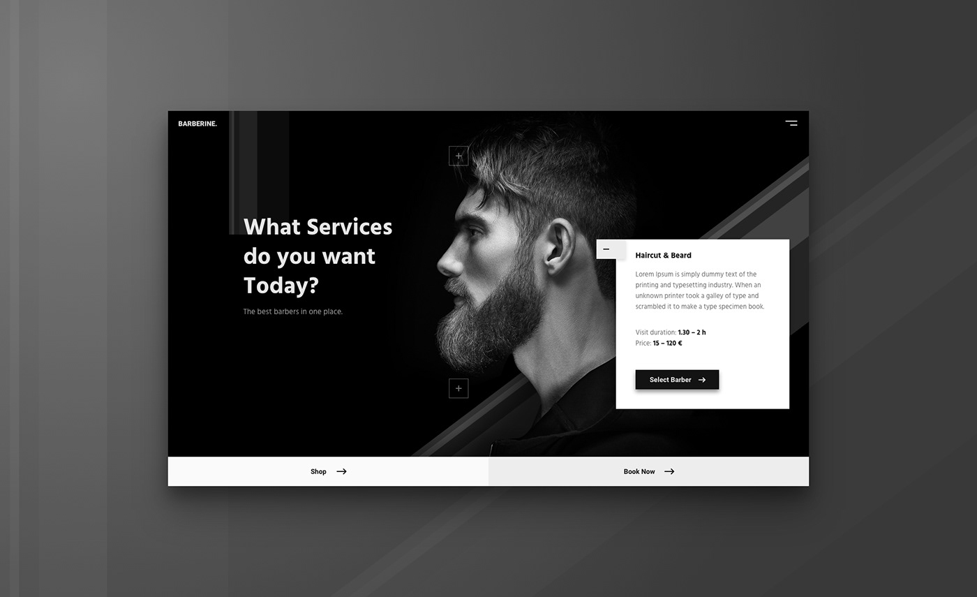 barber landing page UI ux UI/UX Web Design  Web home page black and white Hipster