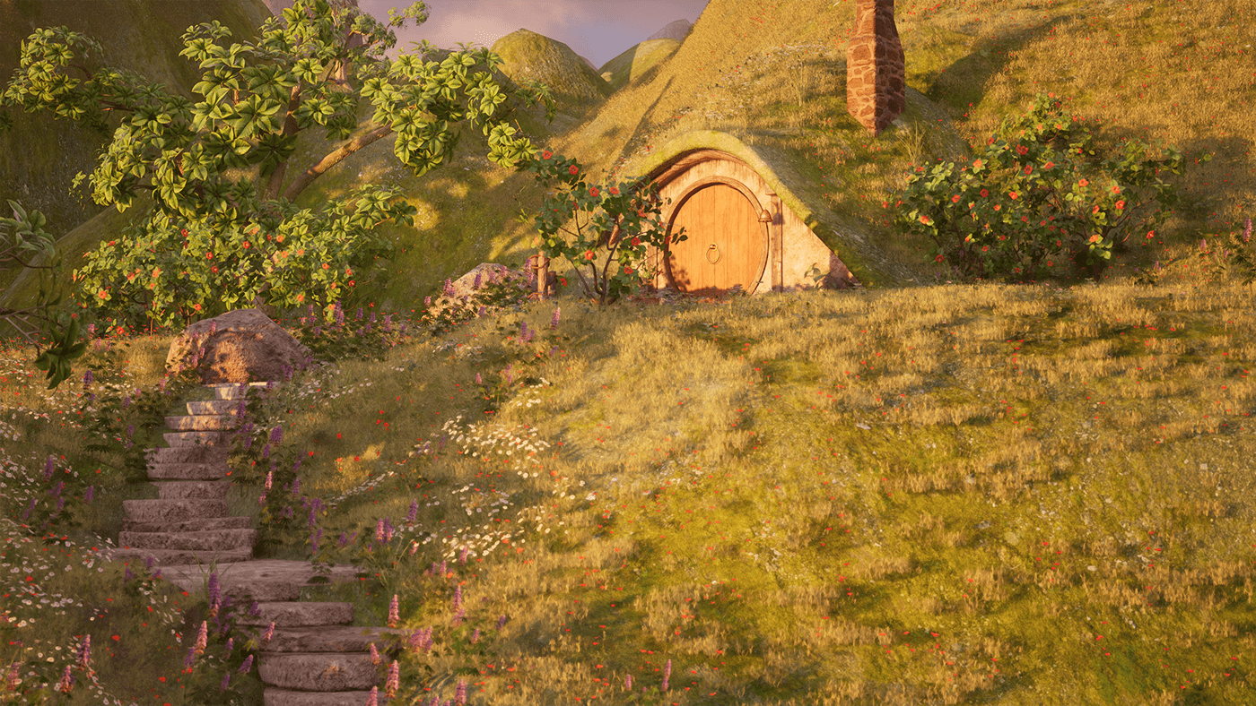 3denvironment 3D Unreal Engine environment fantasy Environment design Maya hobbit house Hobbiton