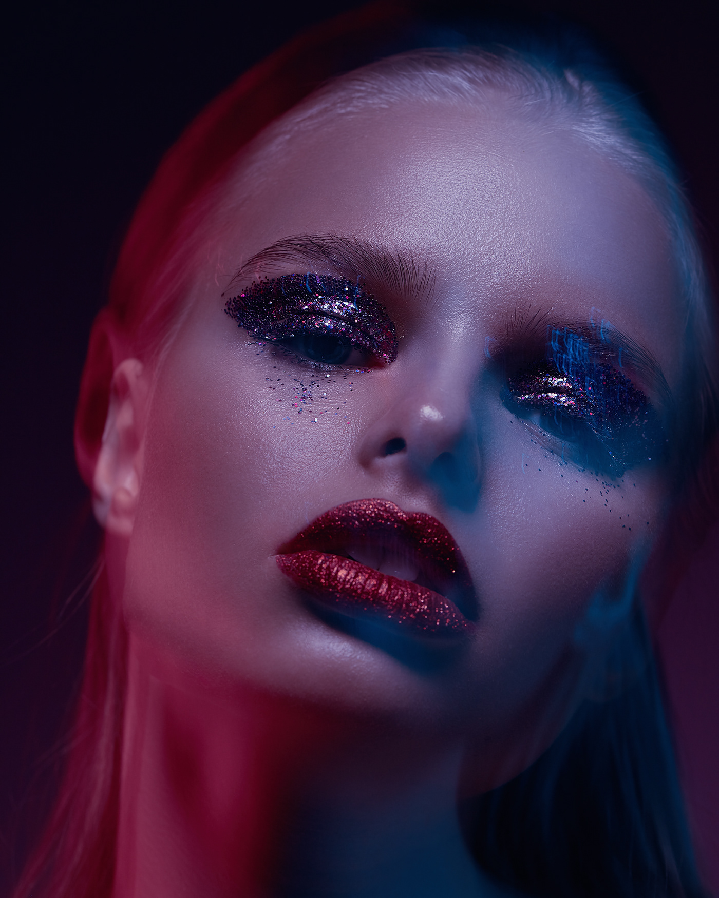 Fashion  editorial beauty neon color light sparkles retouch portrait makeup
