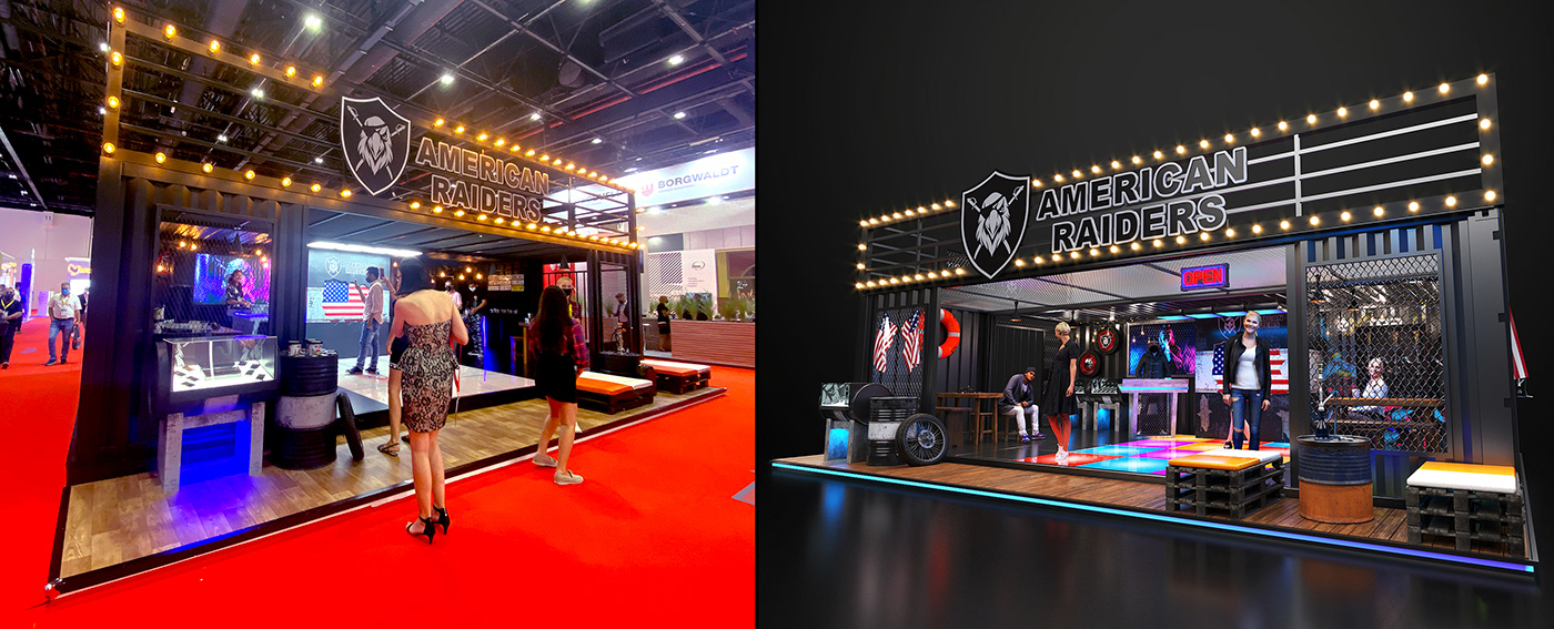 3d modeling booth design container Container design Exhibition  Exhibition Design  exhibition stand modern exhibition stand raiders corona render 