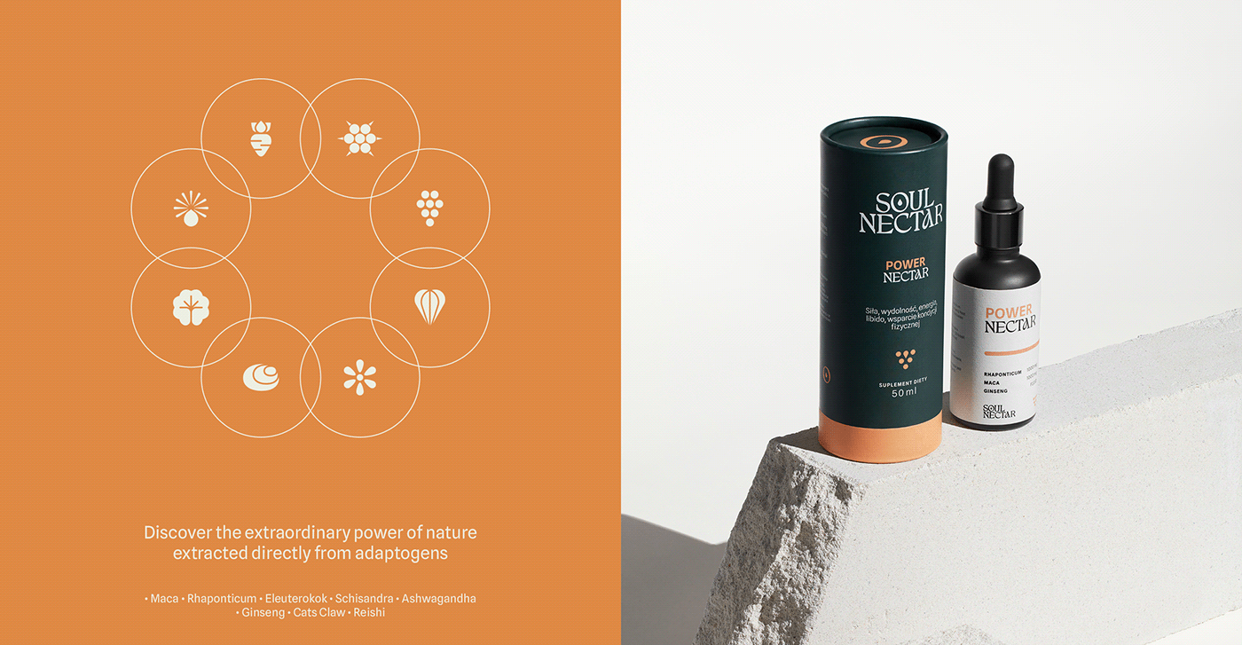 Branding and packaging design for Soul Nectar adaptogens and supplements