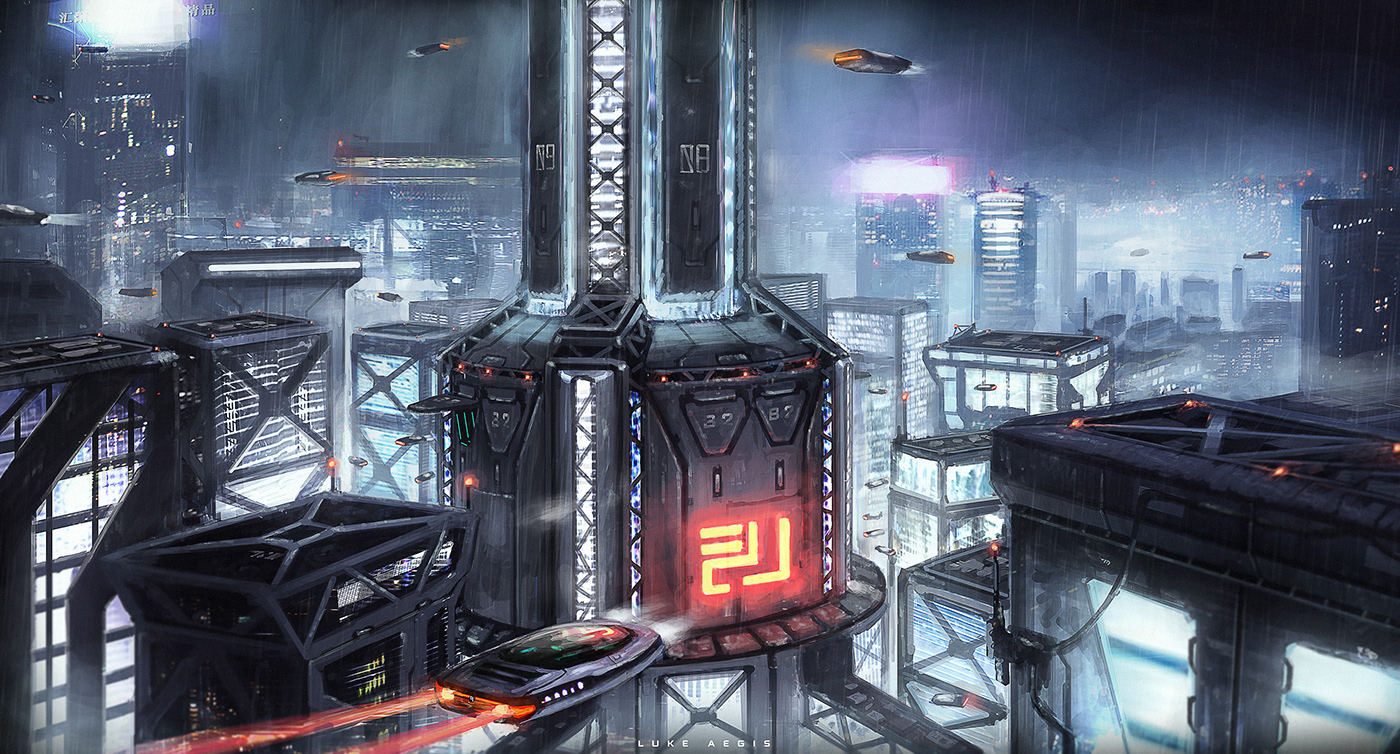 Bladerunner building concept art Cyberpunk environment Flying Car ILLUSTRATION  Los Angeles Megacity Night City