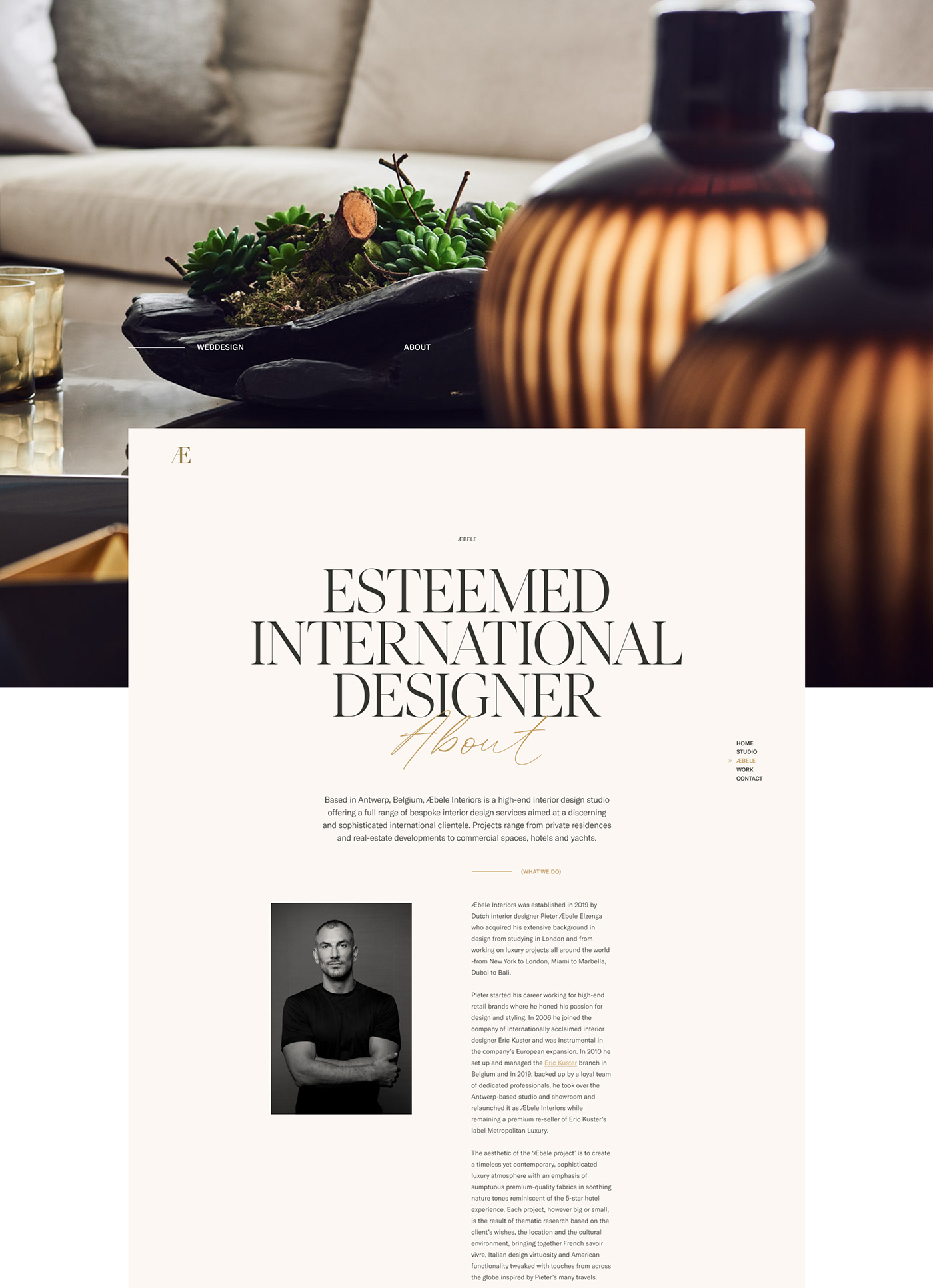 Interior design about page website layout with large minimal serif typography