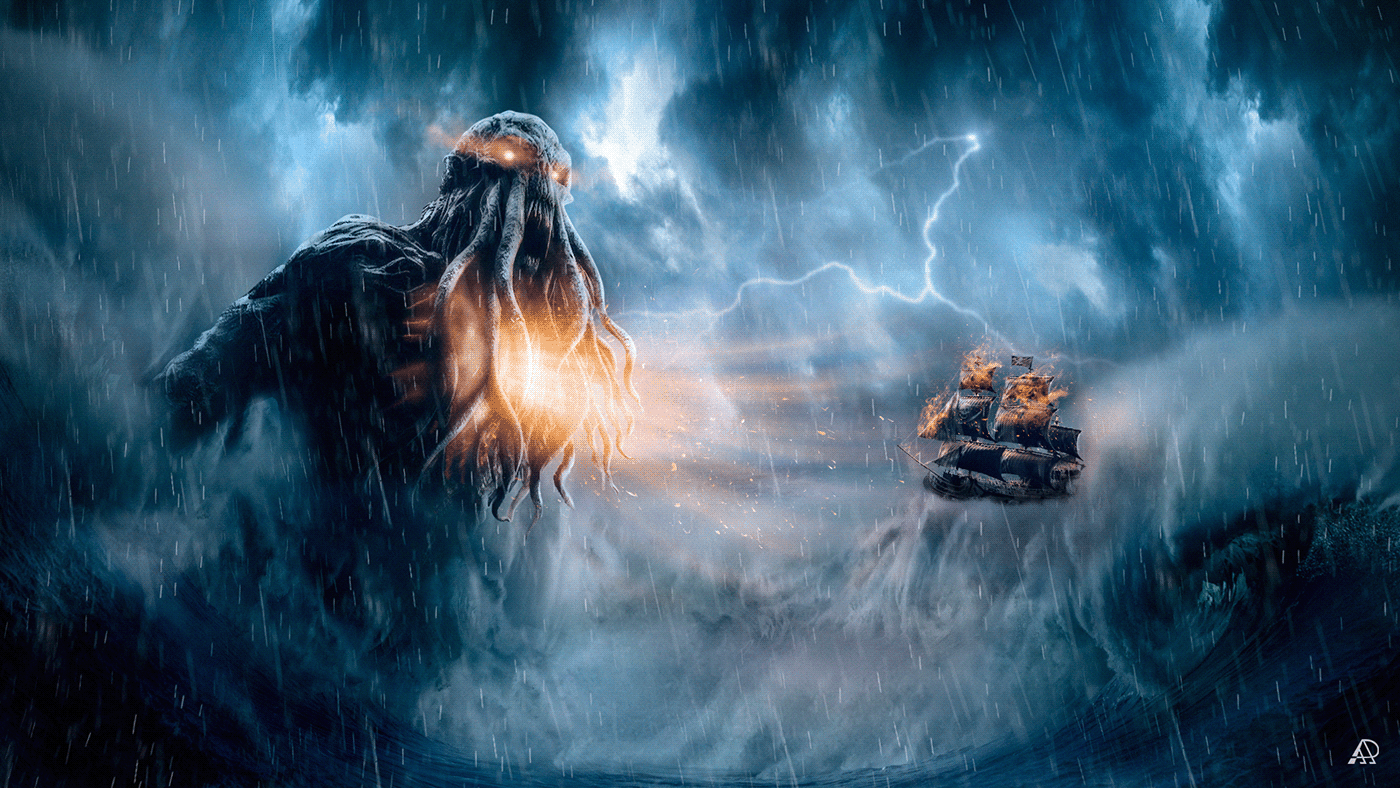 photoshop monster Ocean deep pirate ship storm sea Landscape War