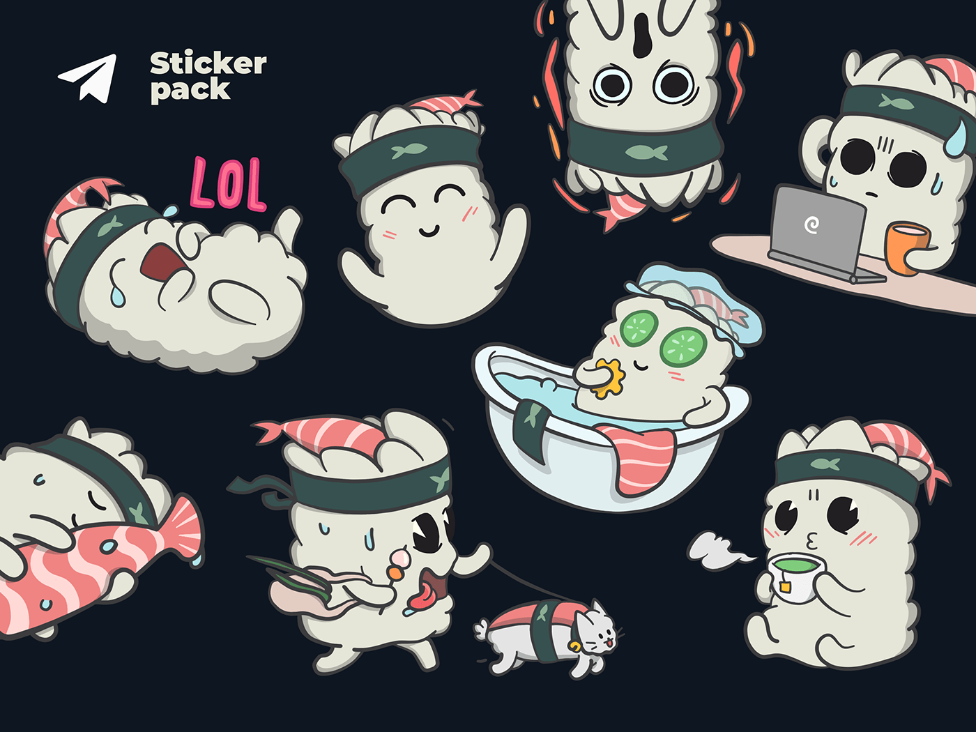 Character design  corporate cute digital illustration Food  japan sticker pack stickers Sushi Telegram