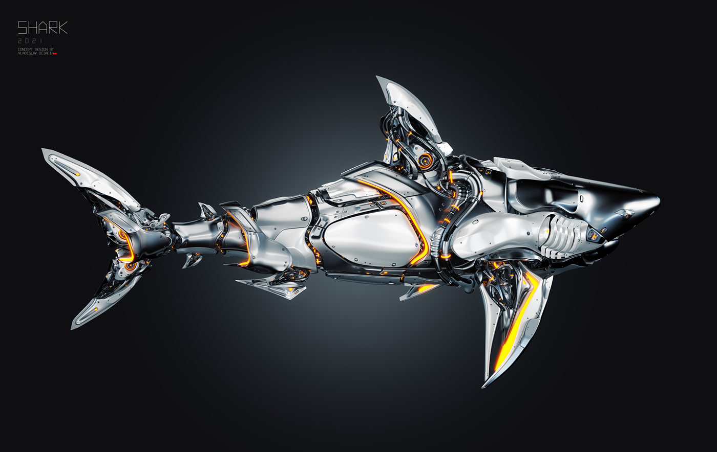 agressive concept art Cyborg fish hunter predator robotic sci-fi shark steel
