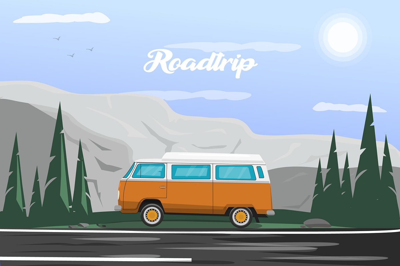 car flat illustration Landscape mountains road trip Travel Van vector Vehicle VW