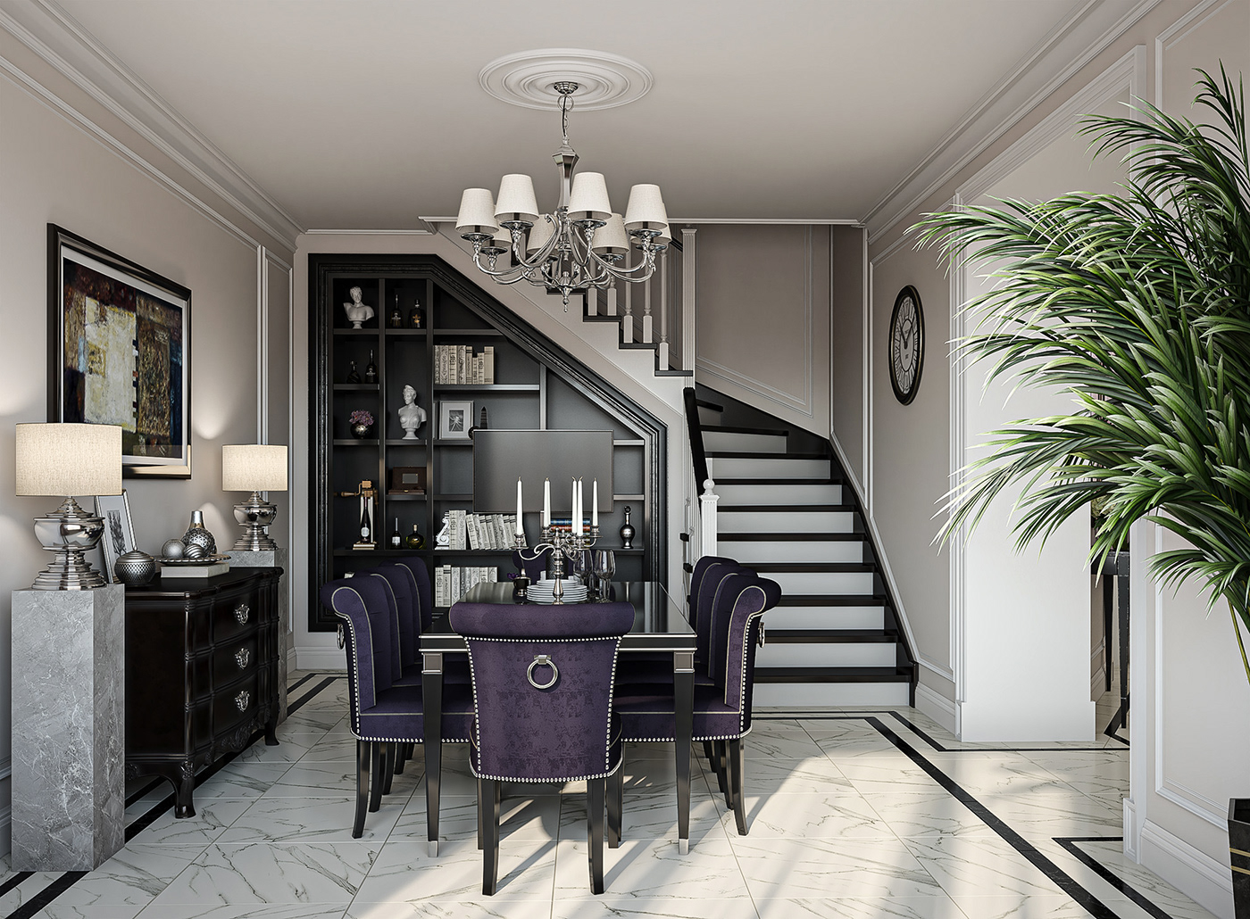 3D Classic design hallway Interior kitchen living room