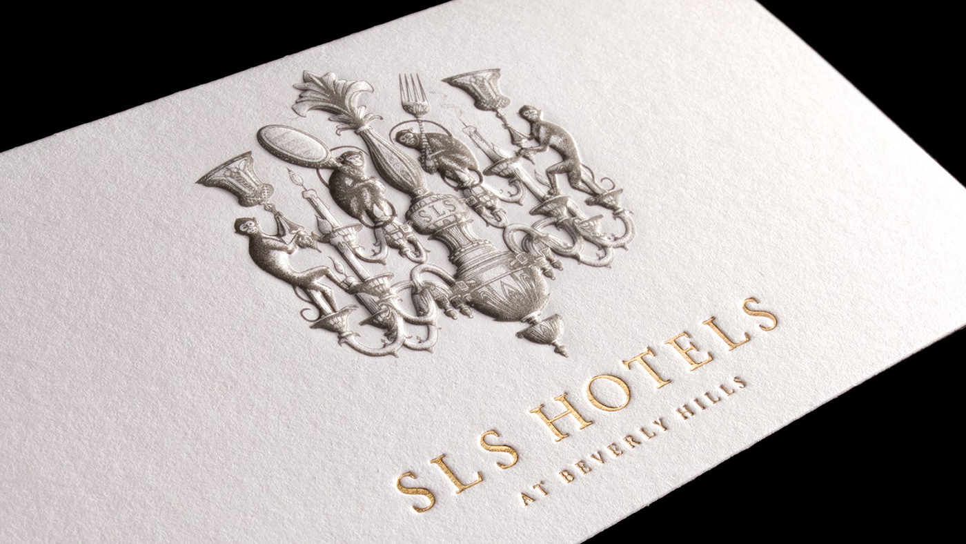 SLS Hotel Steven Noble monkeys chandelier logo scratchboard line art woodcut