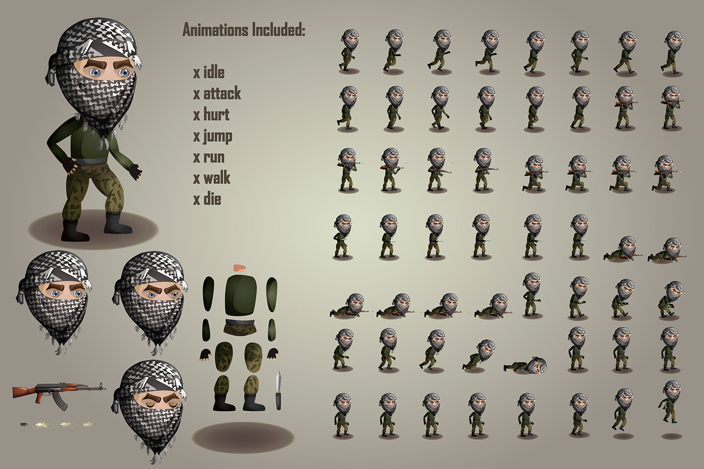 terrorist Character spritesheets soldier 2D art game design