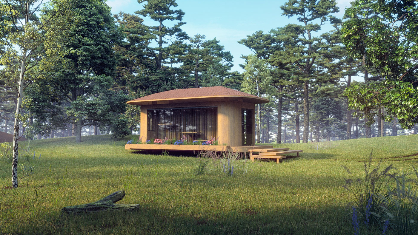 3dsmax architecture cabin design forest Greens Render roof visualization vray