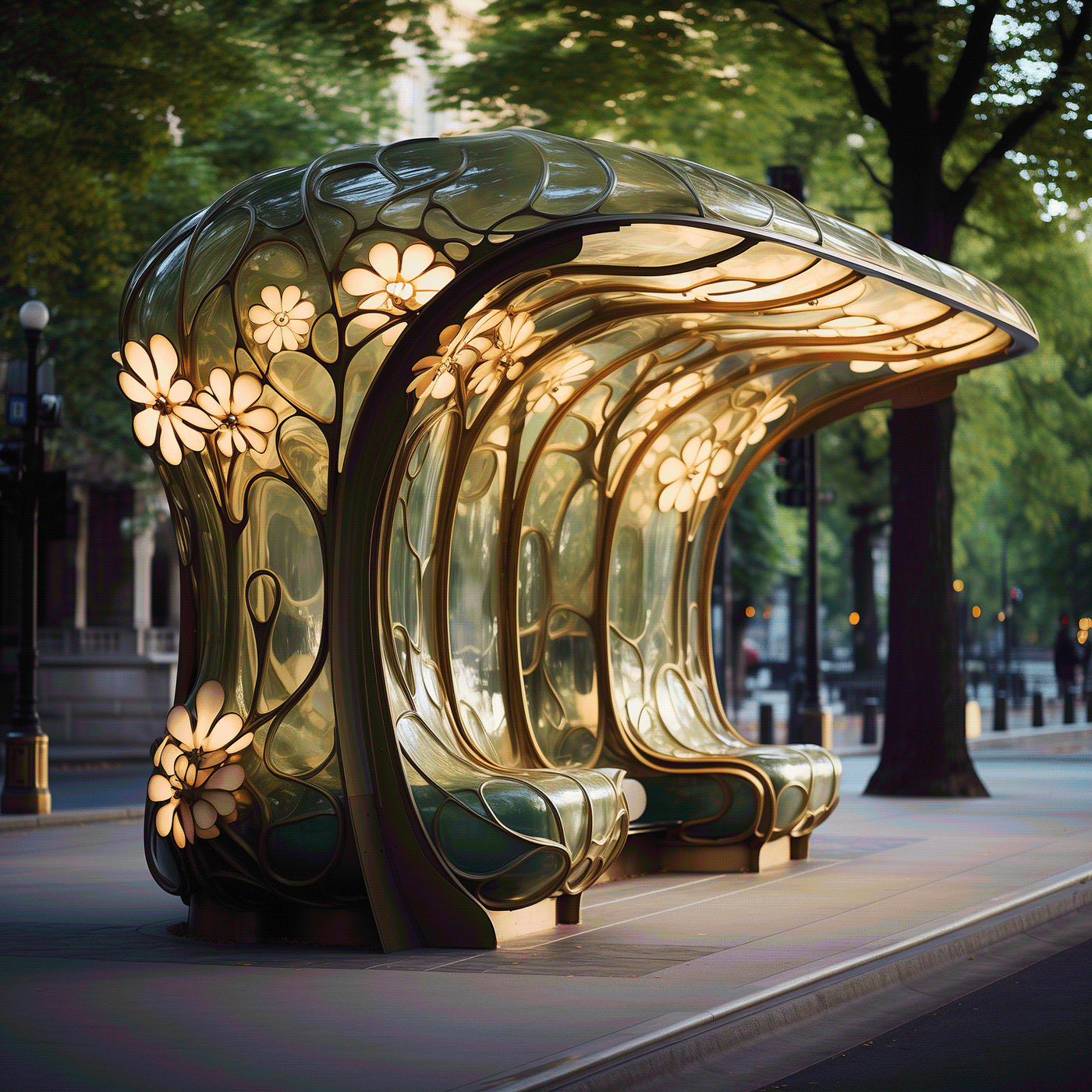An artfully composed image showcasing a streamlined bus stop, blending Art Nouveau's elegant forms w