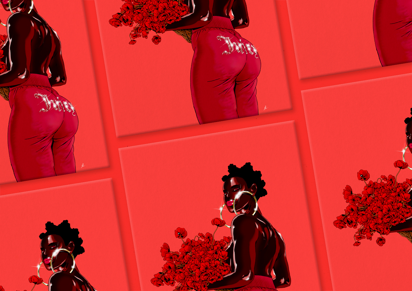 fashion illustration ILLUSTRATION  Drawing  bold Fashion  red black girl Black Skin Girl Power modeling butt shiny vêtements elisa lable