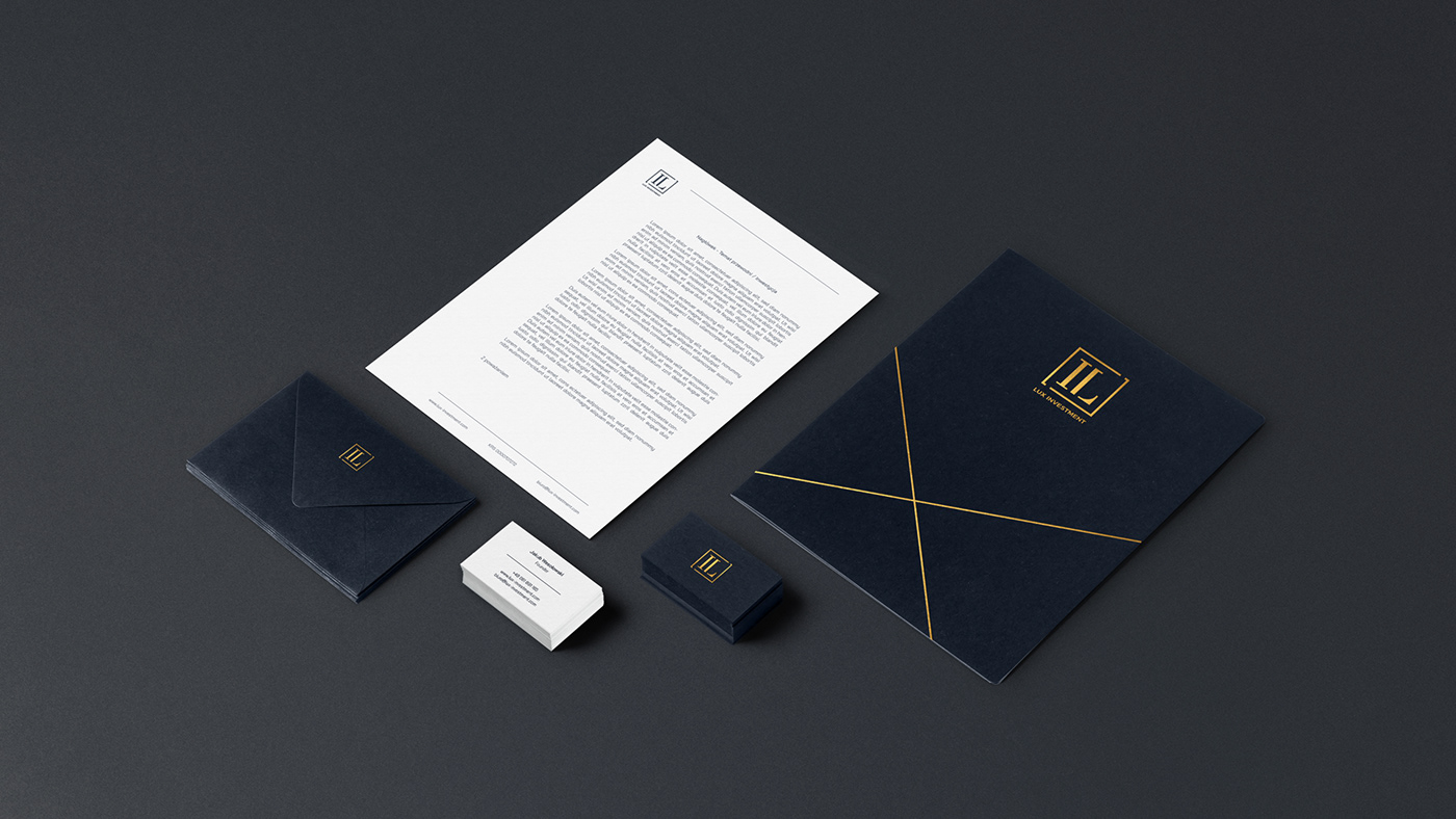Letterhead, folder, business cards and envelopes for Lux Investment.
