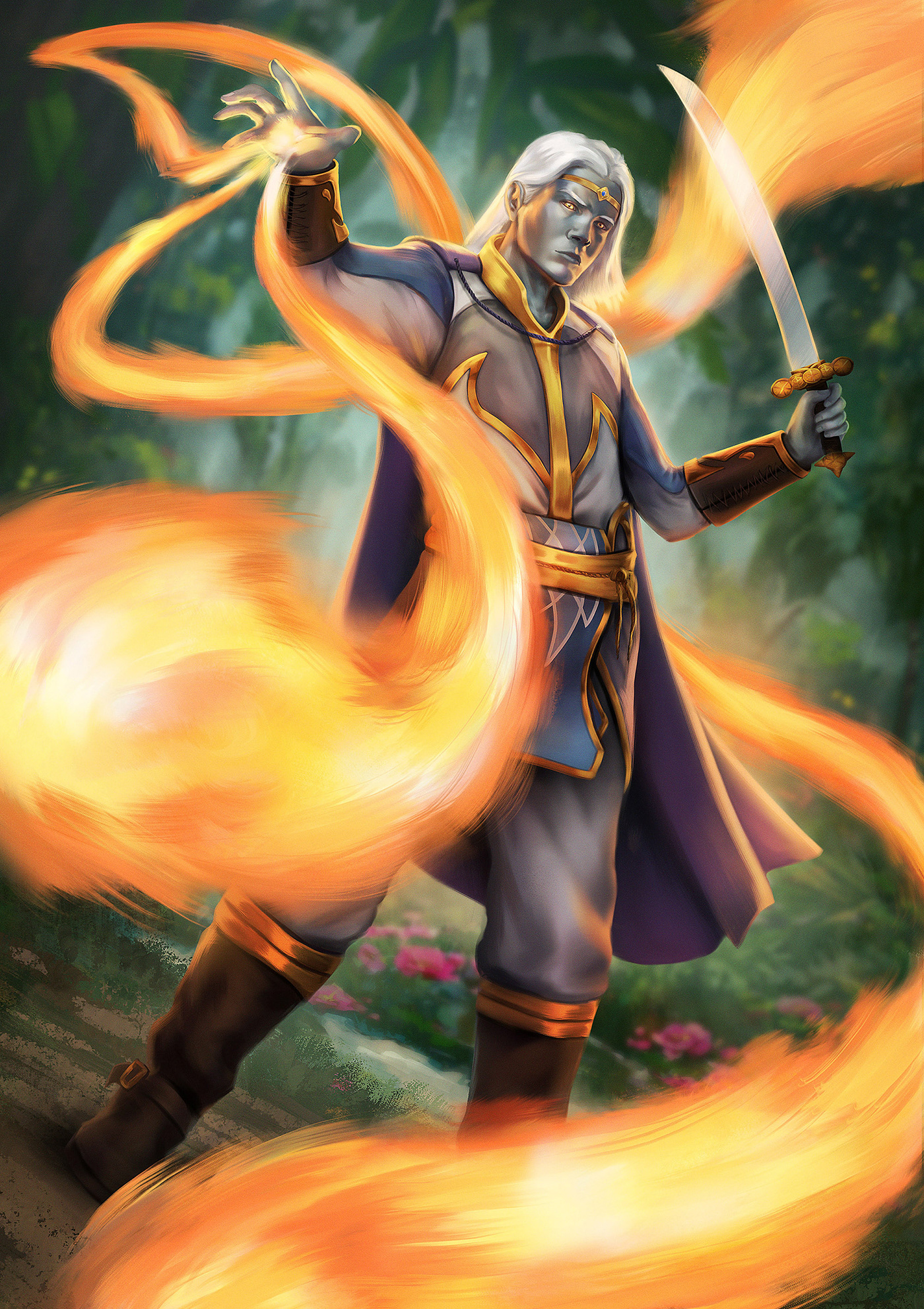 digital 2d fantasy Character design  Aasimar wizard fireball pathfinder Dungeons and Dragons digital illustration D&D