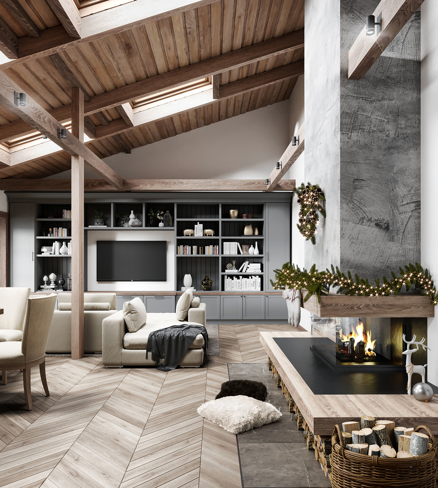 3dsmax coronarendrer chalet Interior apartments kitchen livingroom mansarda дизайнинтерьера   vymirdesign