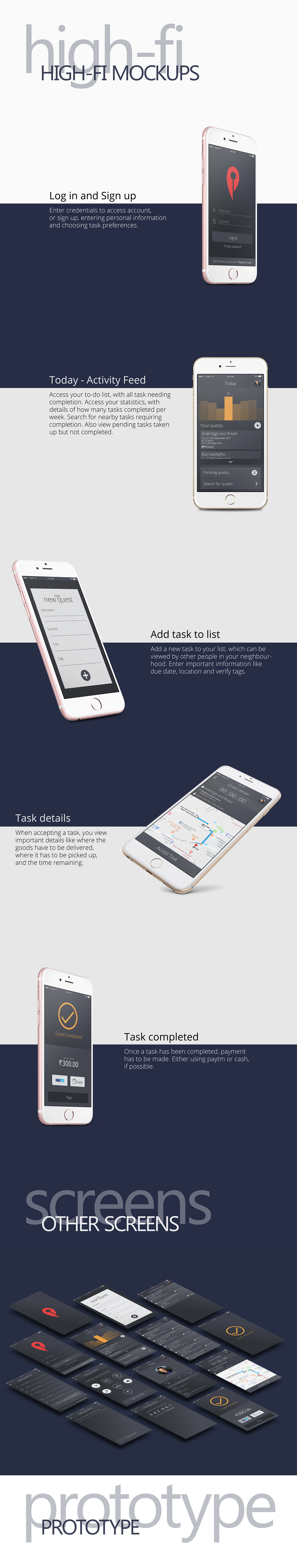 polo task sharing mobile app blue black gradient UI/UX interaction