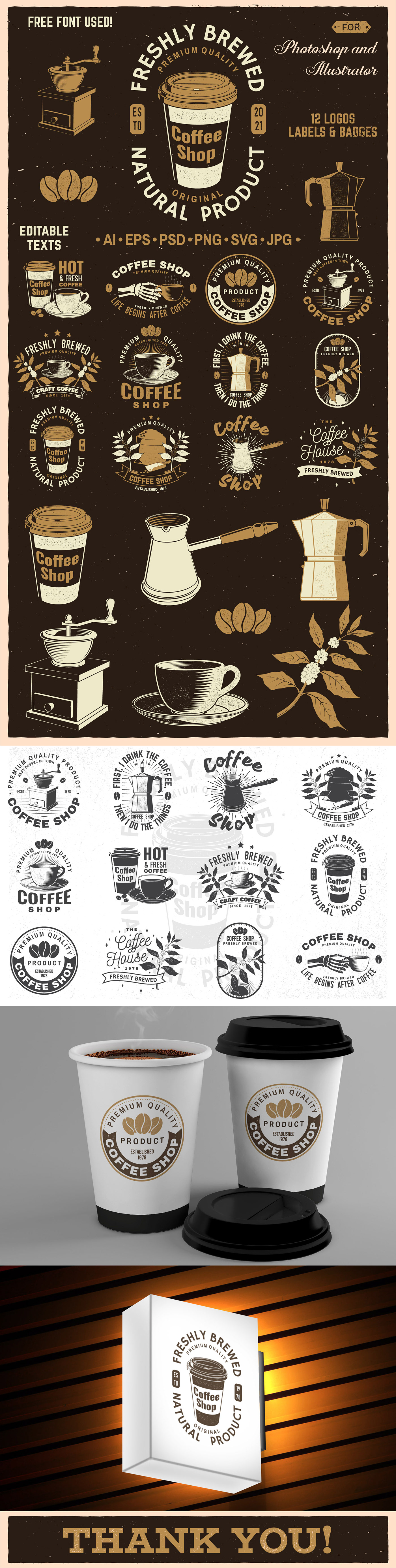 cafe Coffee cup grinder Logo Design shop badge Label logo Retro