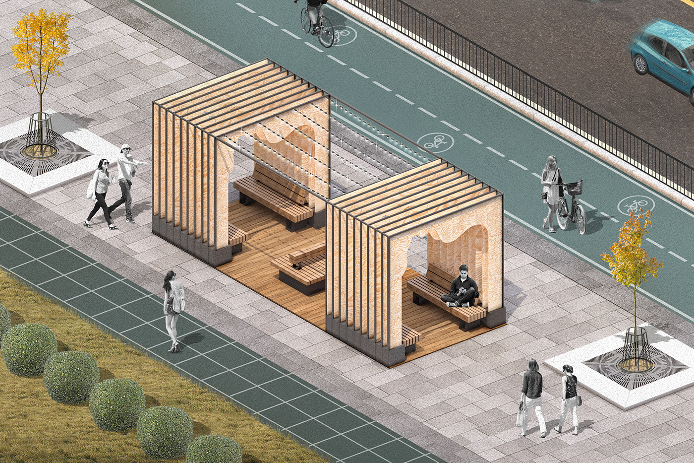 urban architectural collage visualization of the parklet