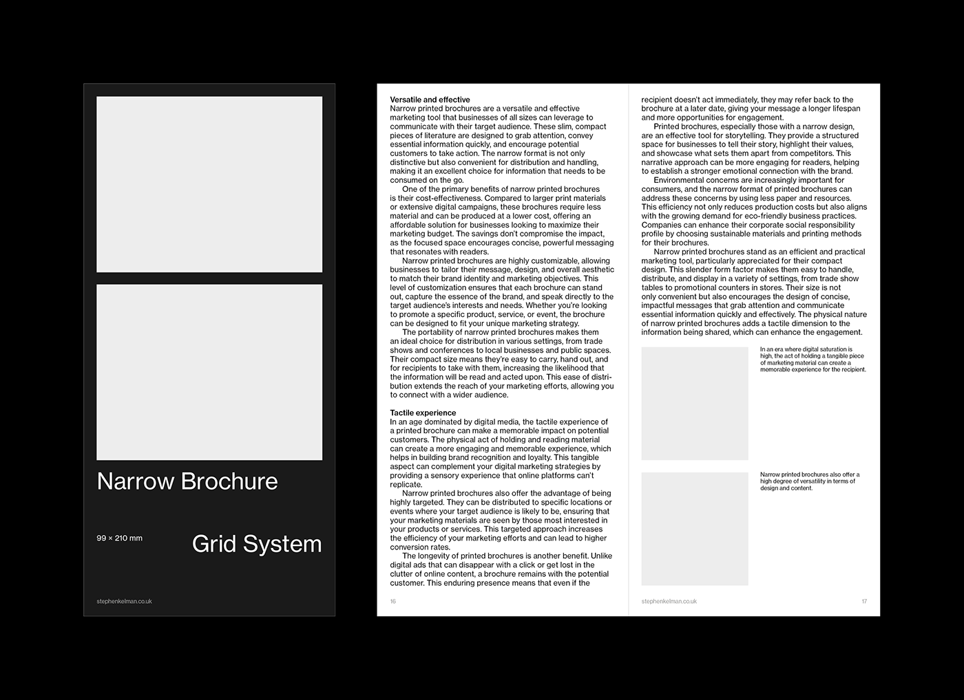 Cover and spread design for a narrow format grid system template
