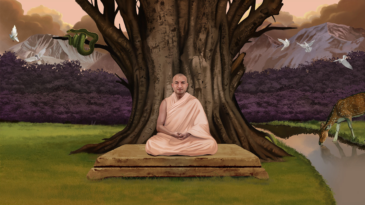art artwork ILLUSTRATION  Landscape monk om swami painting   parallax Realism Website