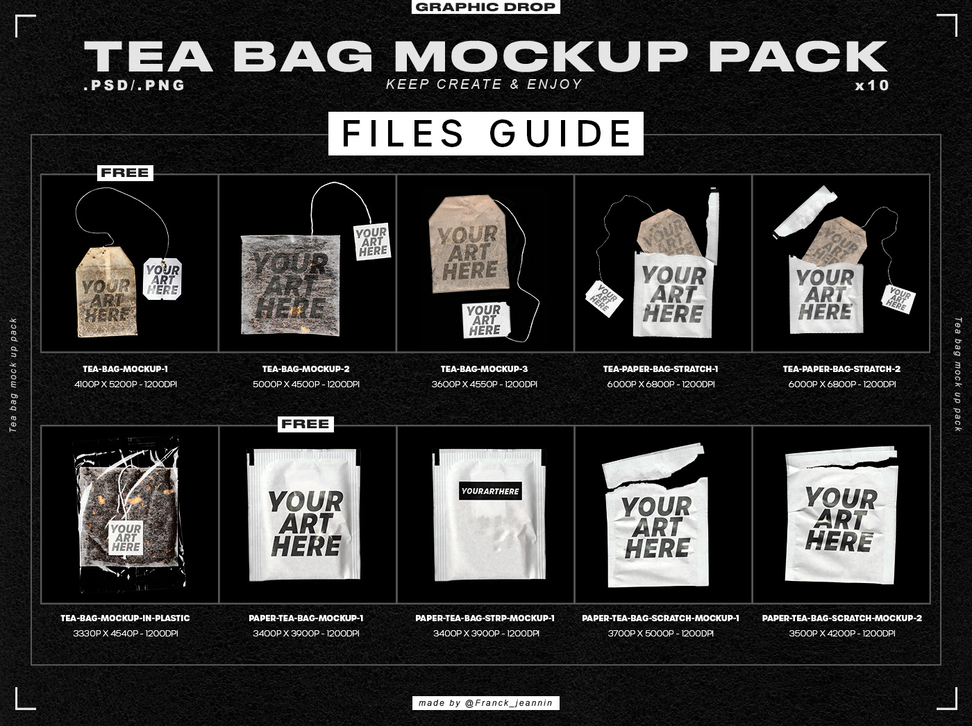 Files guide of the mockup pack 10 tea bag mockup 
