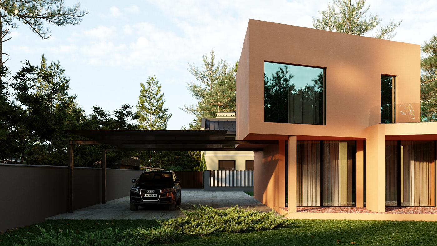coral facade house modern house panoramic windows pink architecture
