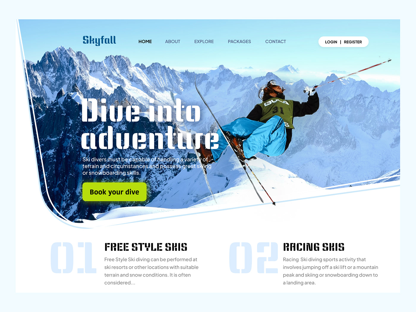 ice landing page mobile ski diving skidiving landing page skiiing snow UI/UX user interface design Webdesign