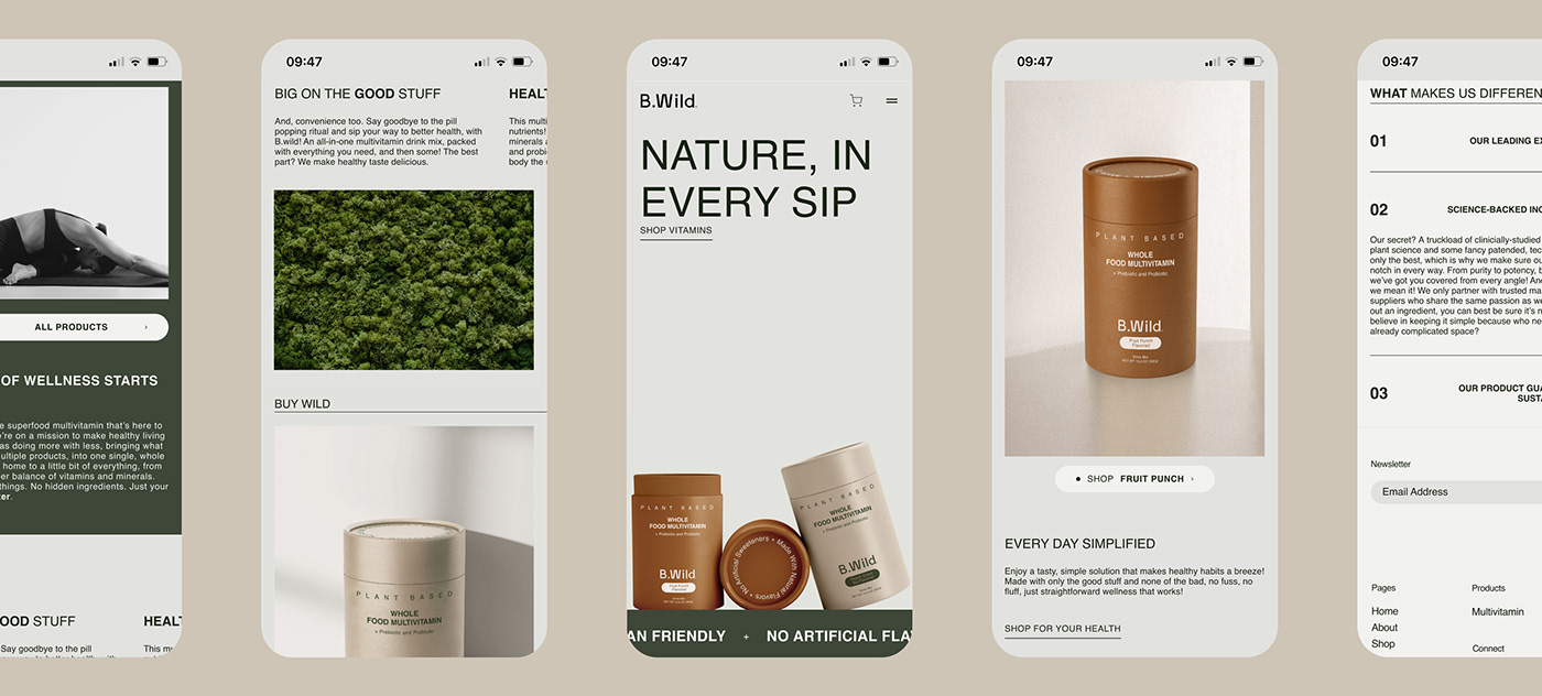 Product imagery and marketing visuals for a plant-based supplement brand called B.Wild.