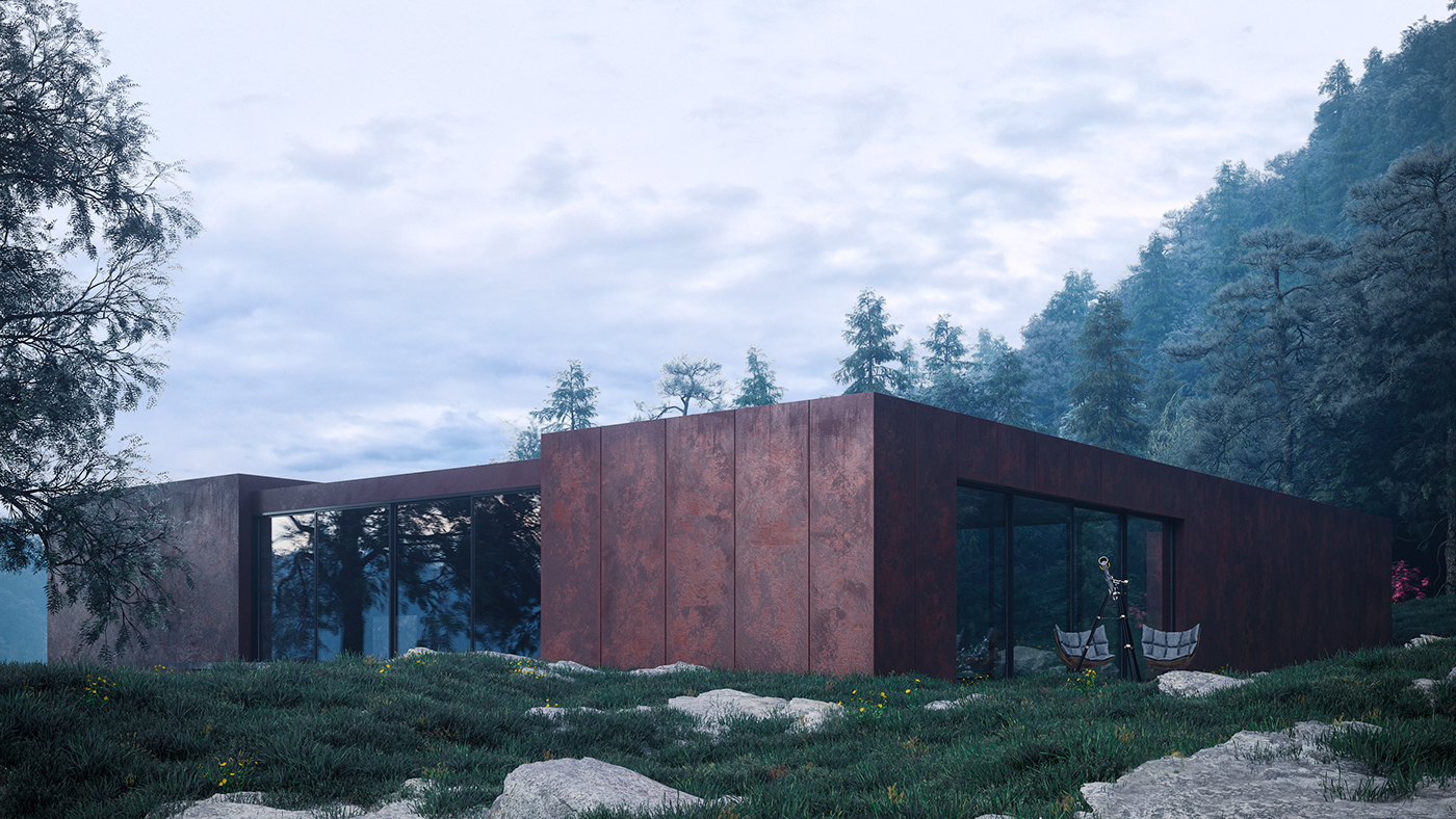 architecture Corten steel makhno wood forest minimal contemporary corona renderer