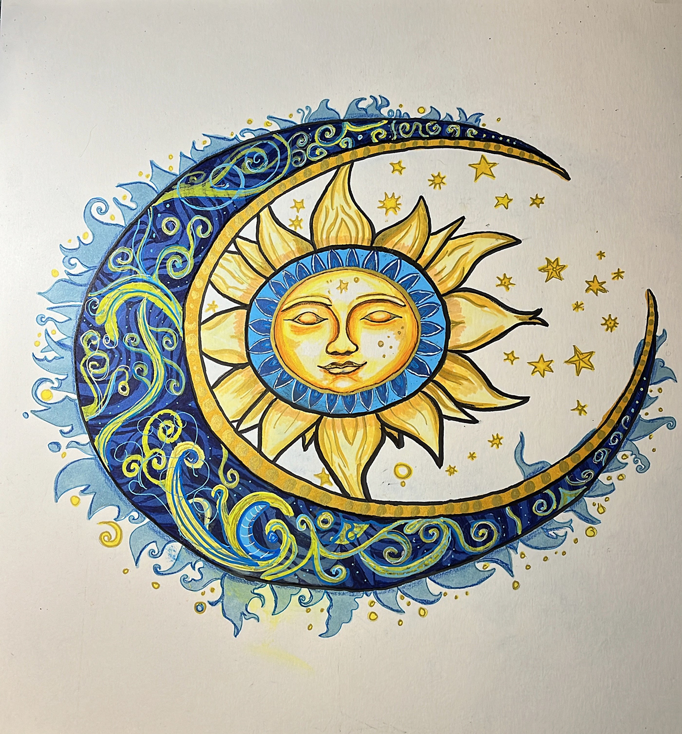 Sun moon prismacolor colored pencils markers Drawing  cbs sunday blue yellow White black alcohol markers gel pens
