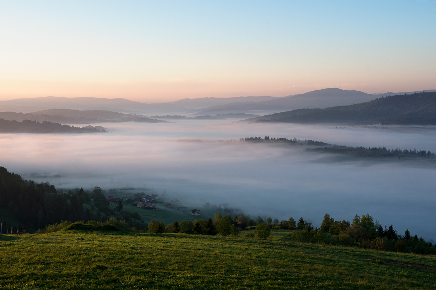 valle mist fog Sunrise sunbeams forest Landscape trees