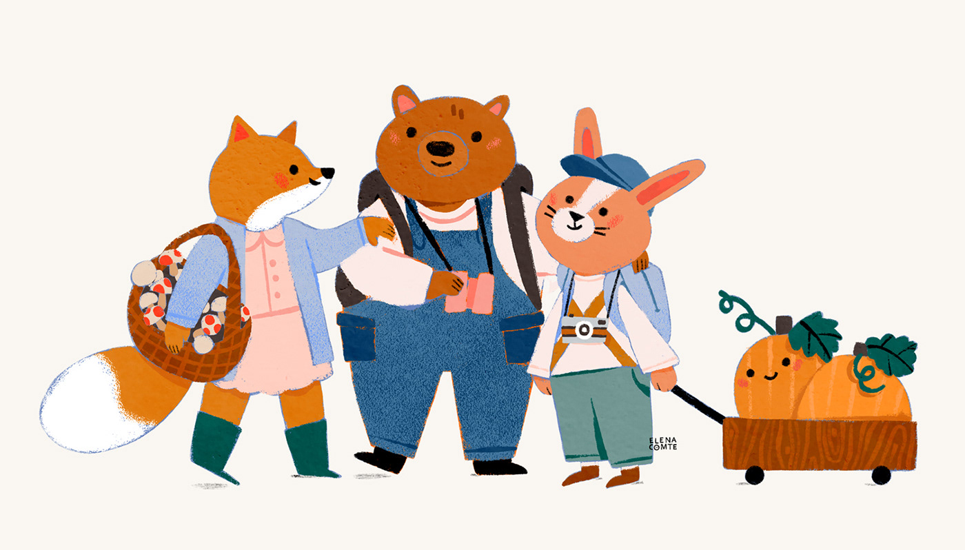 Cut kid lit characters, a bear, a fox and a rabbit friends going on an adventure.