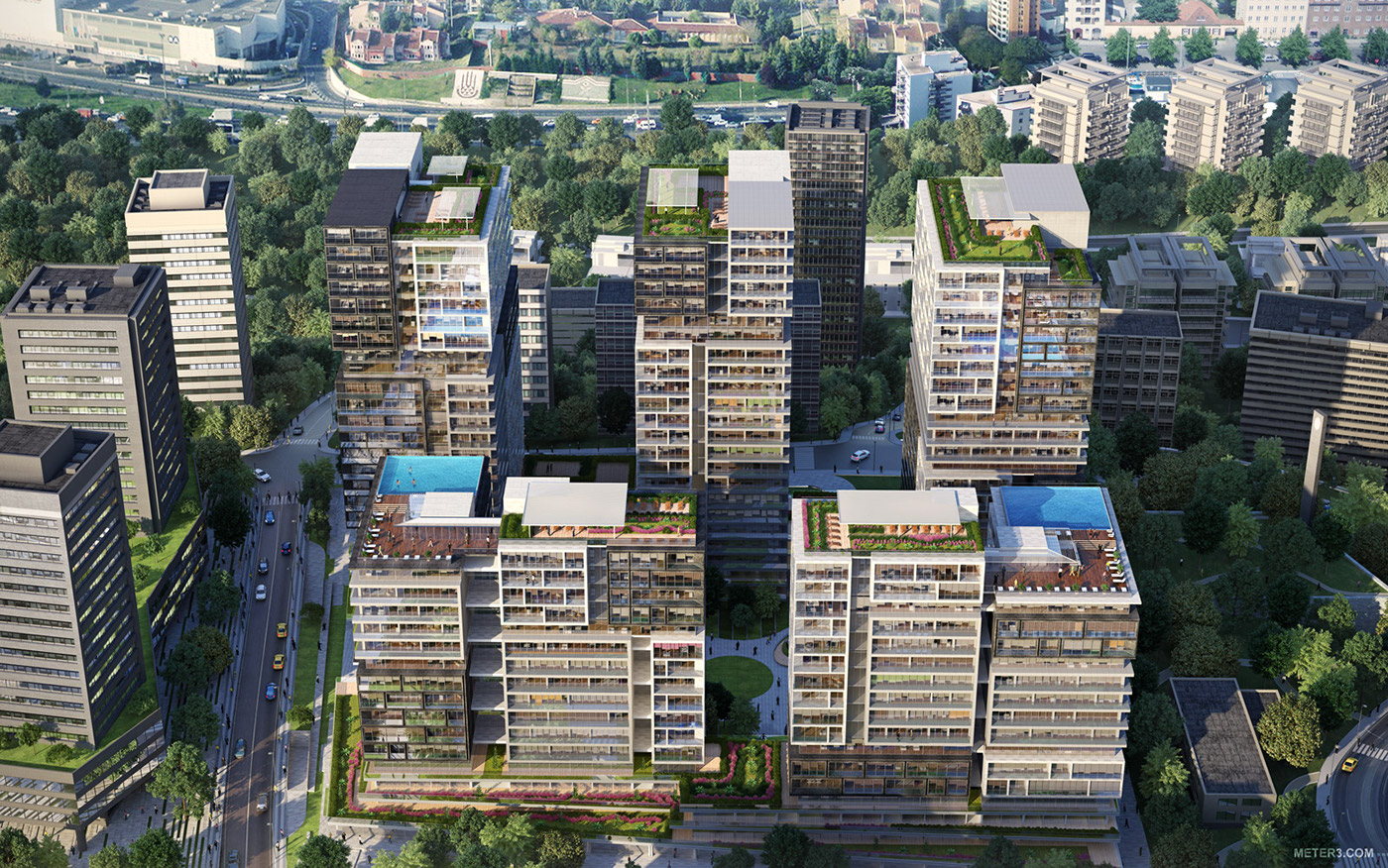 Apartment complex aerial city view