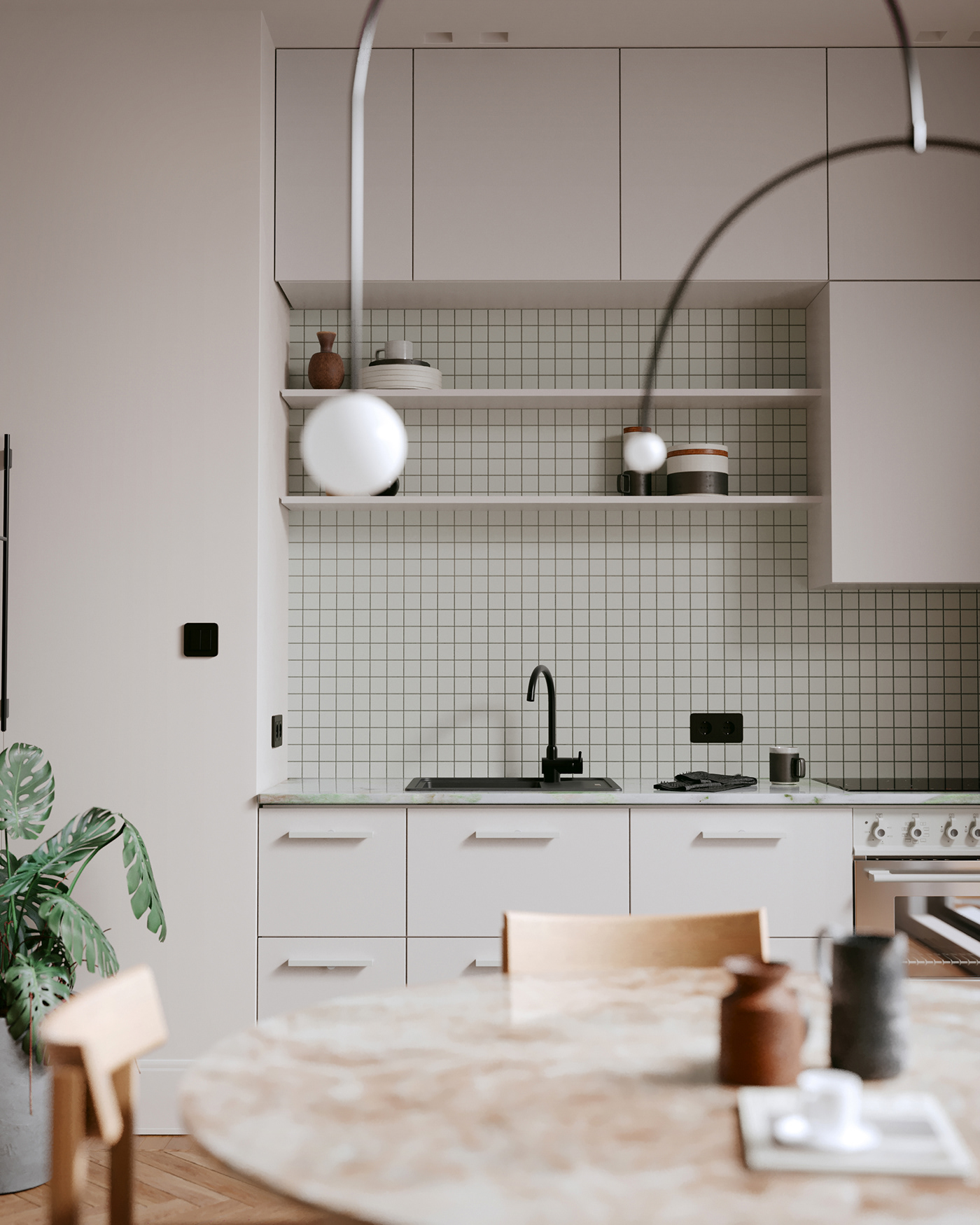 calm corona dining Interior kitchen minimal rendering Scandinavian siting visualisation