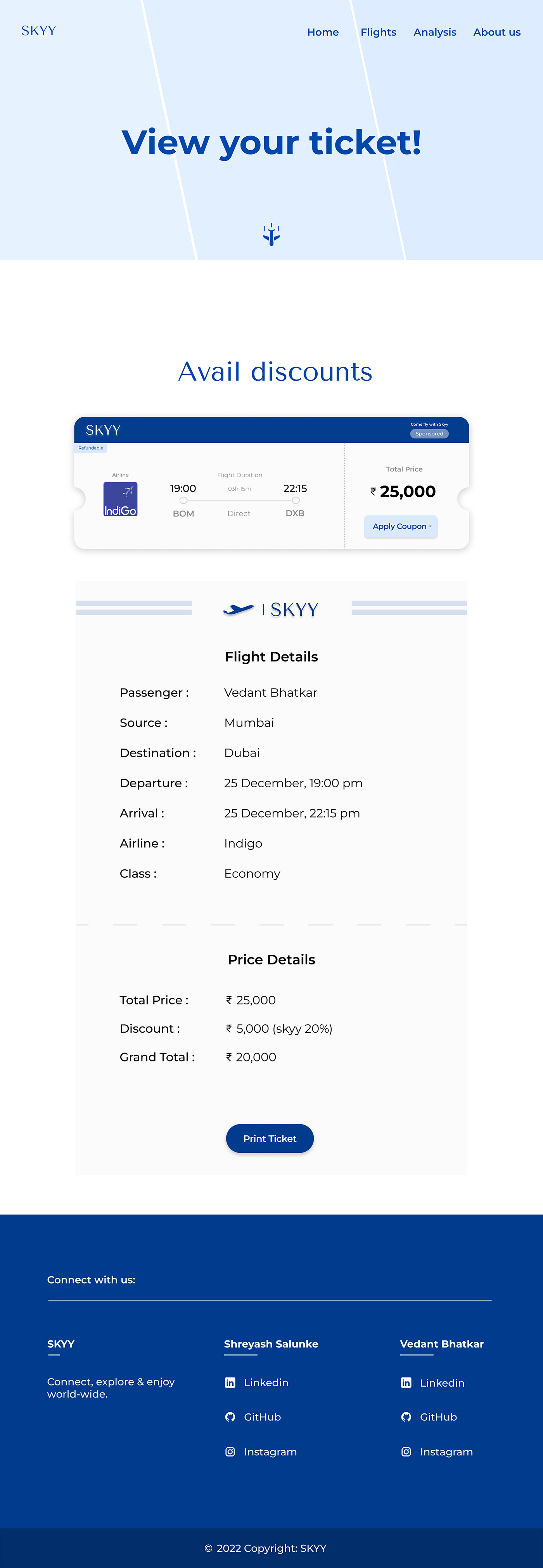Ticket Booking Page of SKYY Website