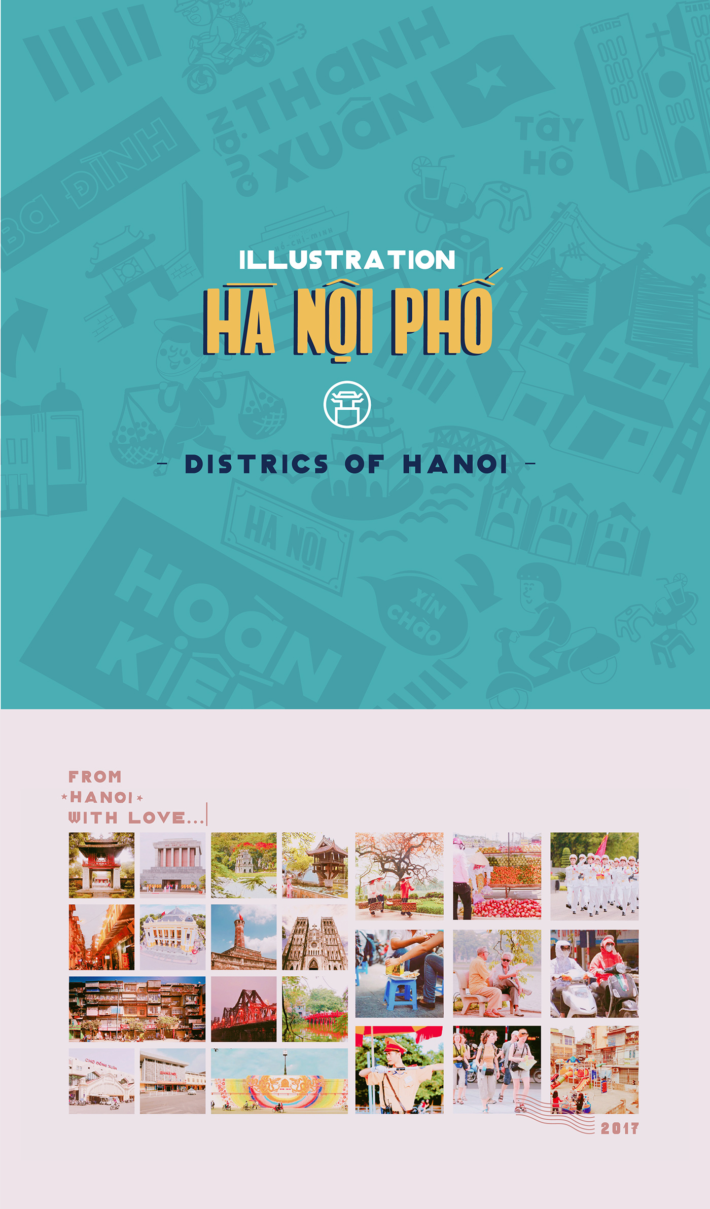ILLUSTRATION  hanoi vietnam Street map district Travel colorful vietnamese print