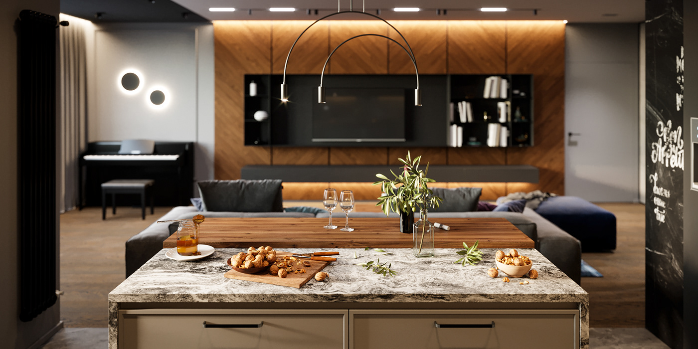 livingroom kitchen grey black visualisation closeup vinous CGI Render 3D