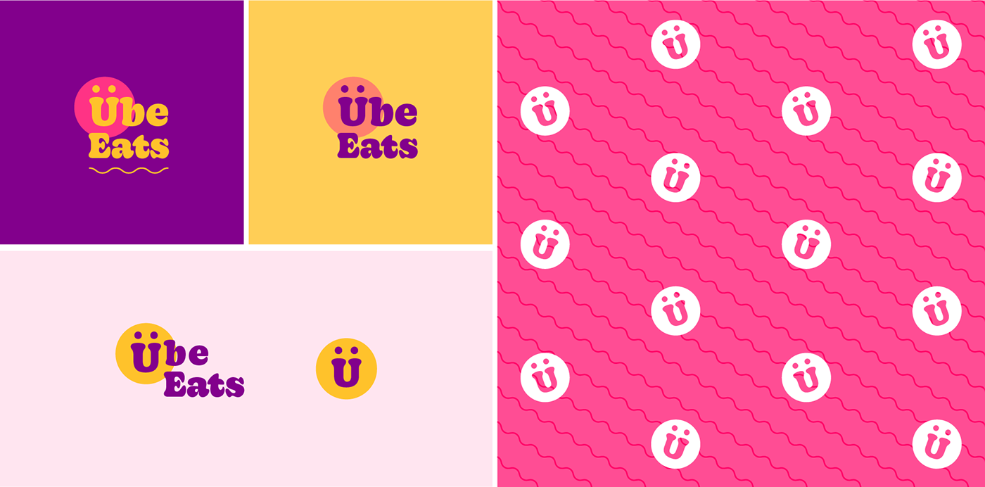 Challenge 5. Logo presentation for "Ube Eats." Full color logo on dark/light, mark, & pattern design