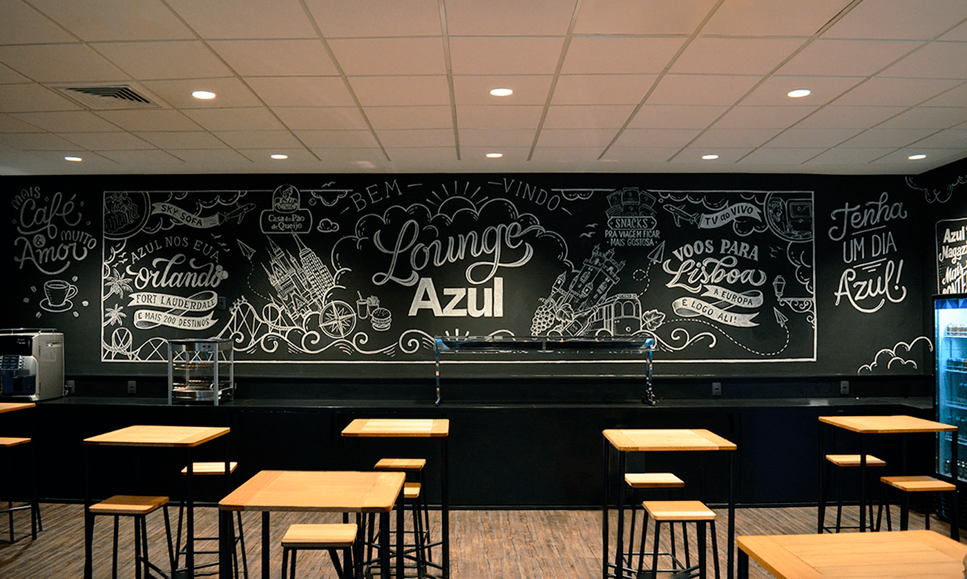 Ambientação art Aviação AZUL Chalk art Chalk Lettering Chalkboard lettering lounge muralart